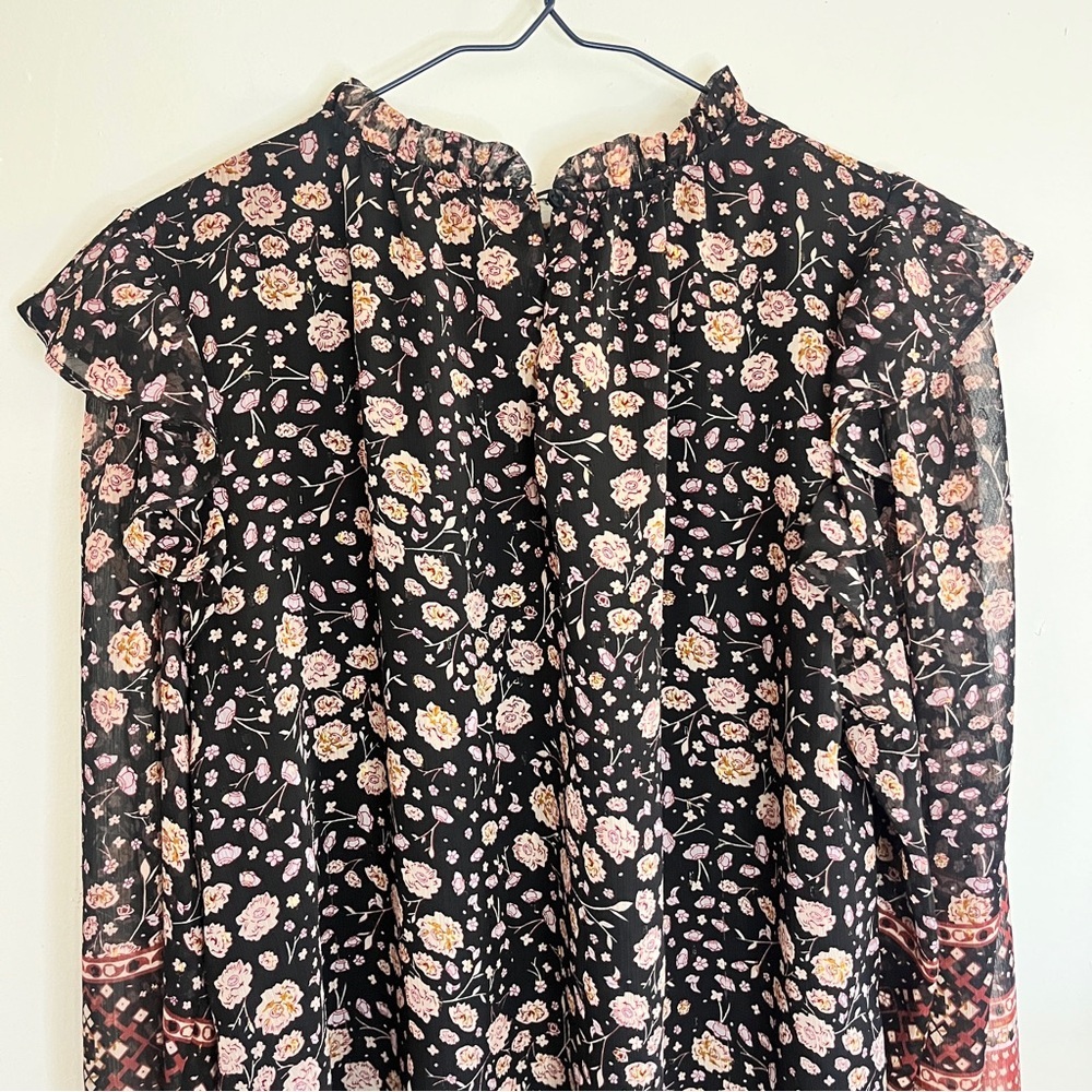 Rachel Zoe Black Metallic Floral Boho Puff Sleeve High Neck Relaxed  Blouse - Picture 6 of 11